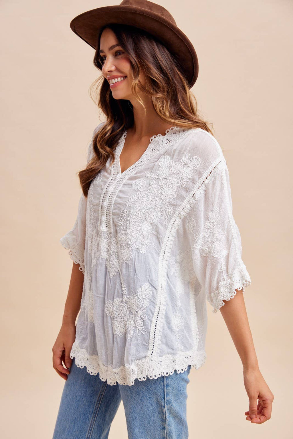 Floral Embroidered Crochet Oversized Blouse