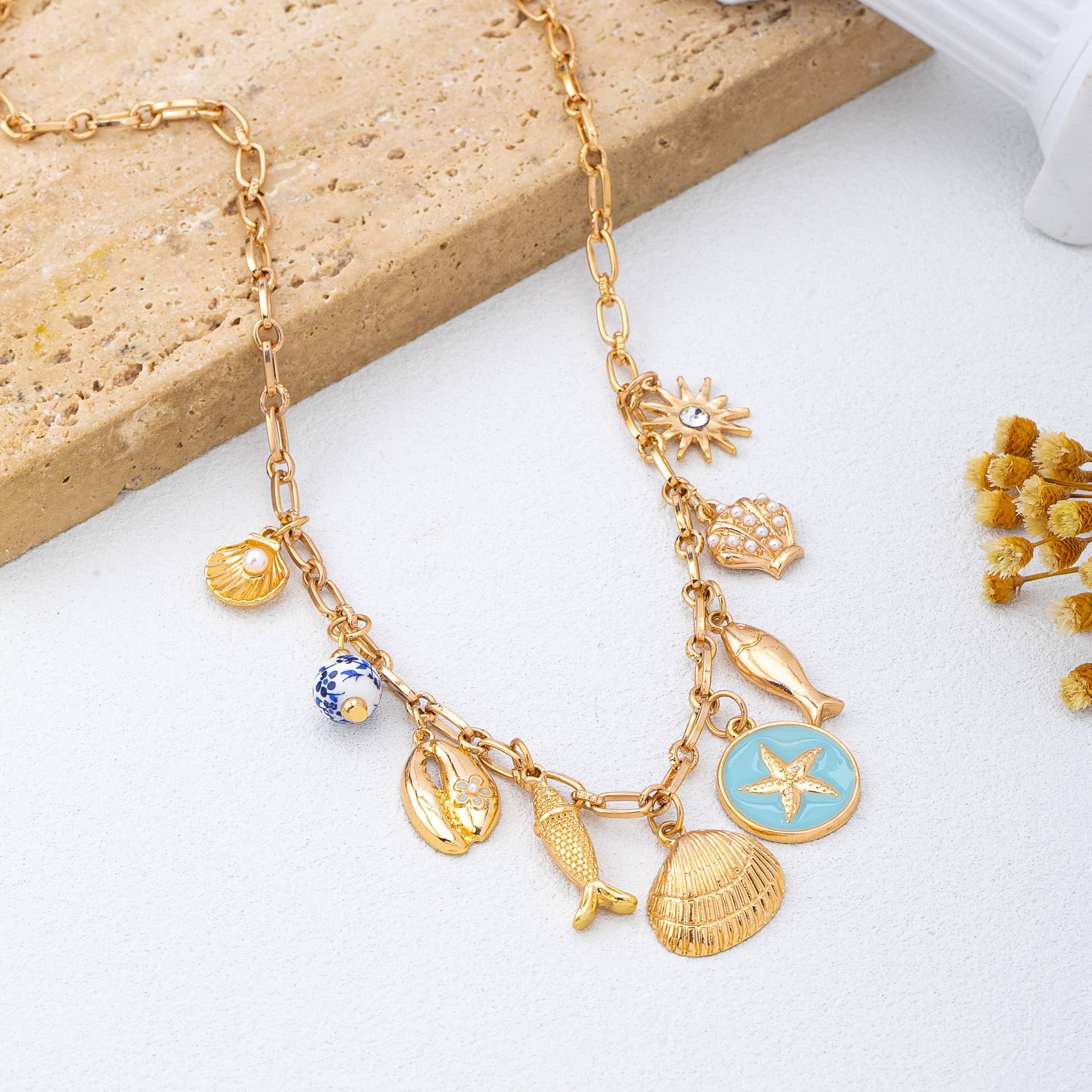Charm Necklace-Coastal seashells fish cloisonne | 80N92963