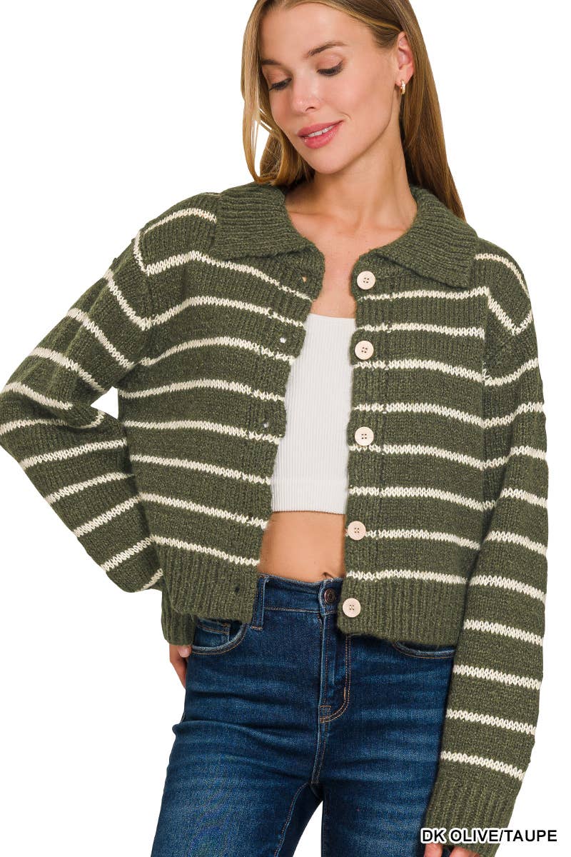 Striped Collared 5 Button Cardigan