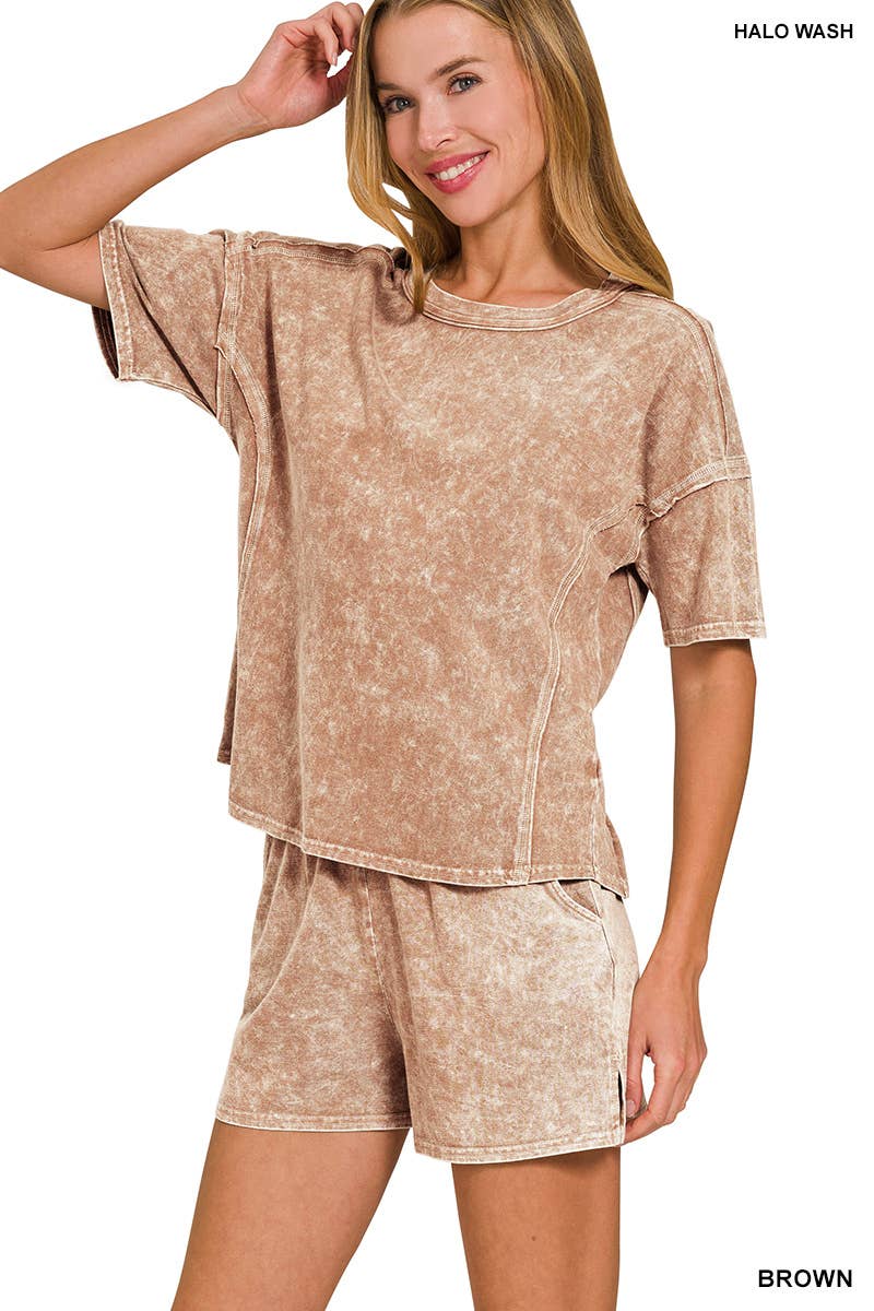 Acid Washed Short Sleeve Tee Shorts Set