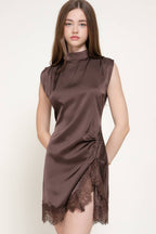 Sleeveless High Neck Satin Mini Dress with Lace Hem Detail