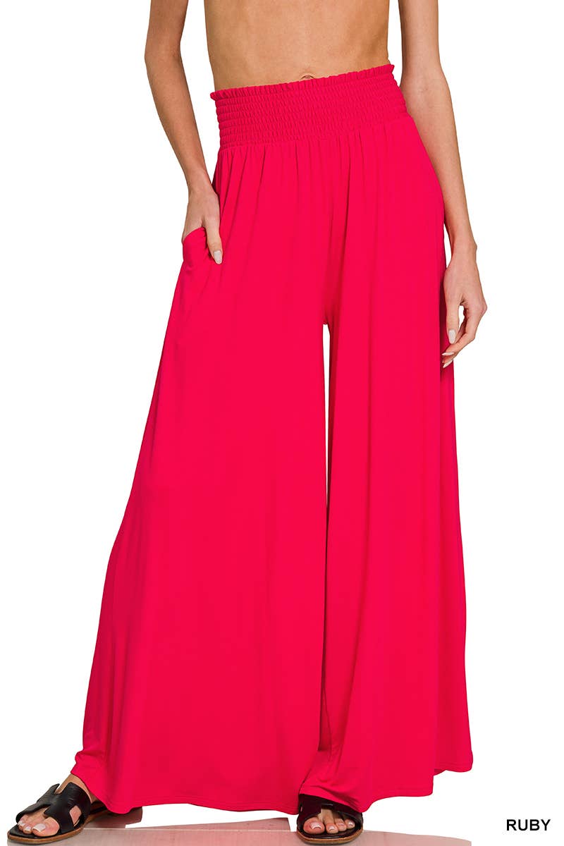 1216 Smocked Waist Wide Leg Palazzo Pants w Pockets SI-29199