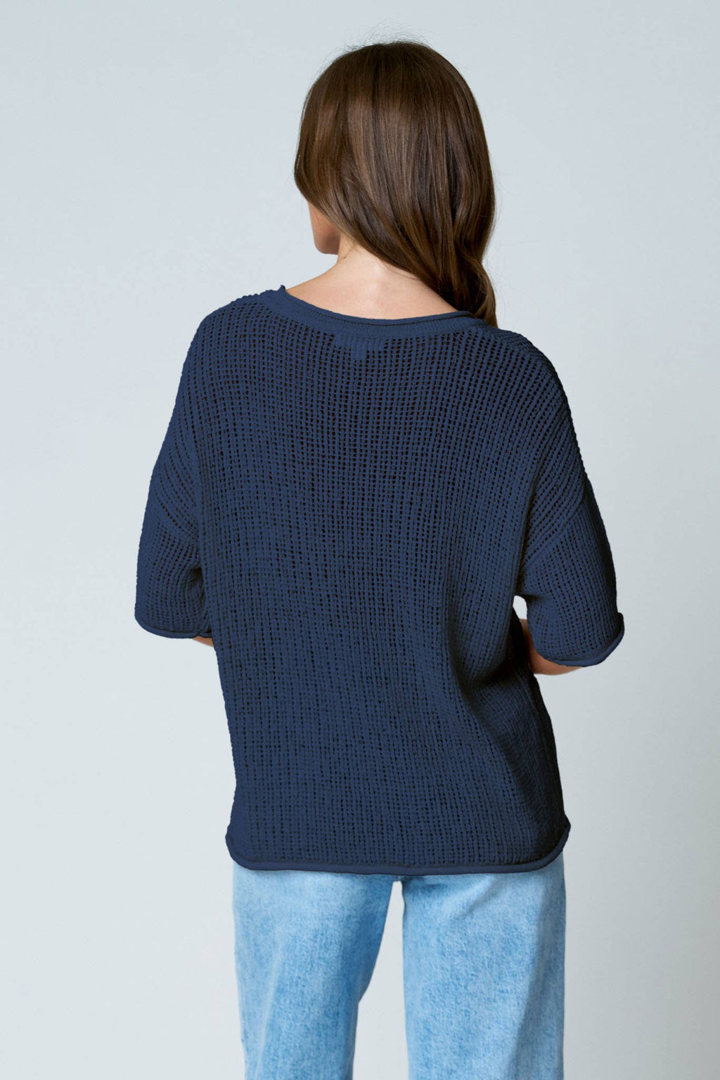 SPLIT NECK SHORT SLEEVE SHEER CROCHET KNIT TOP (PRE-ORDER)
