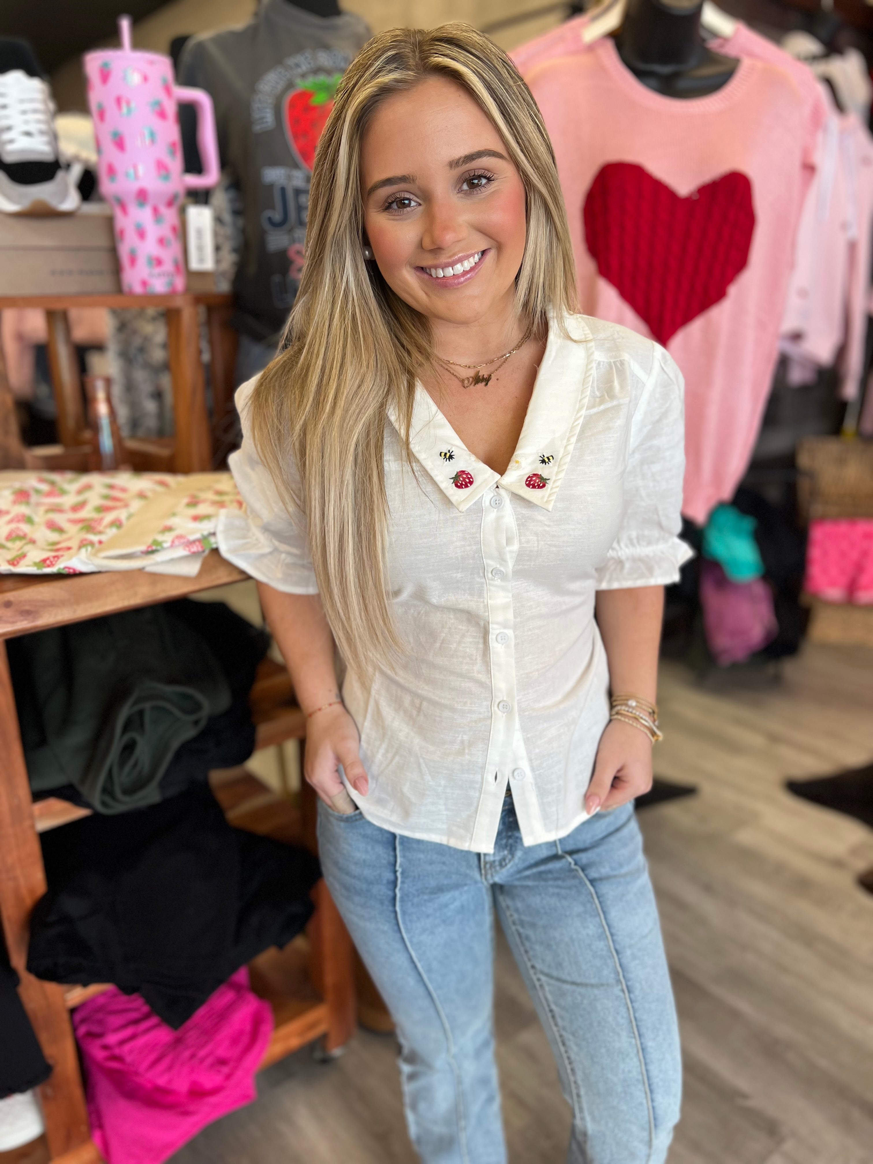 Puff Sleeve Strawberry + Bee Embroidered Top