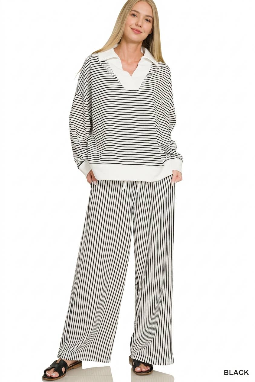 Striped Split Neck Oversized Collared Top & Pants 2PC Set