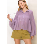 Smocked Button-Front Sheer Blouse