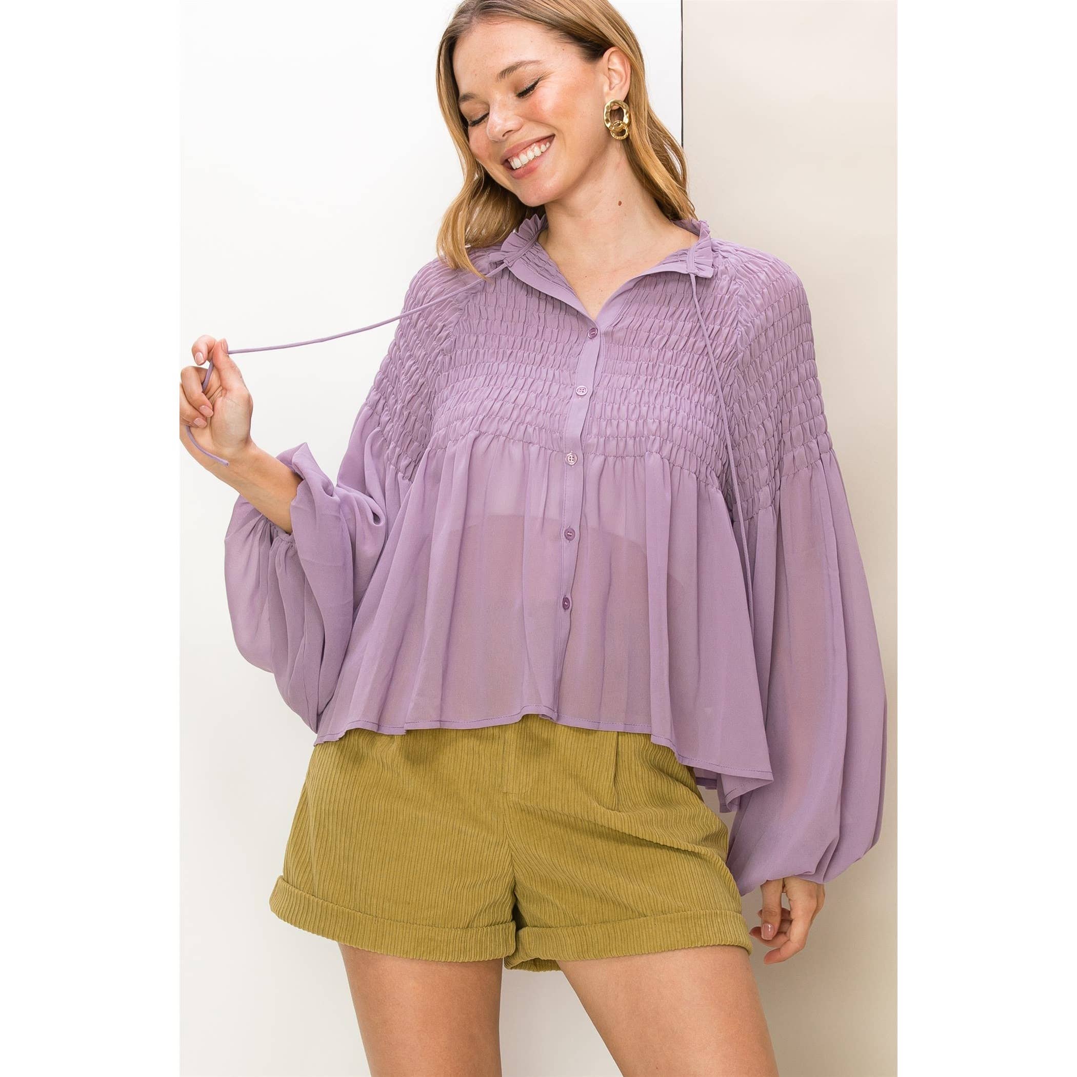 Smocked Button-Front Sheer Blouse