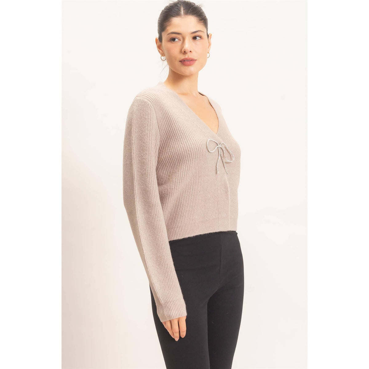 Rhinestone Bow Tie-Front Sweater