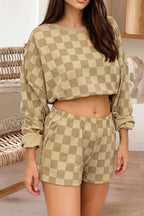 66 Checkered Long Sleeve Crop Top and Shorts 2pcs Set (S-XL)