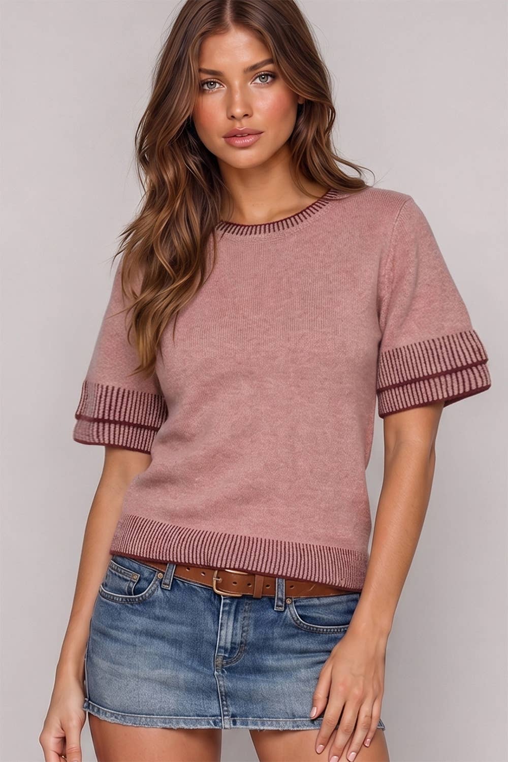 12W3712N-Soft Touch Contrast Rib Knit Top