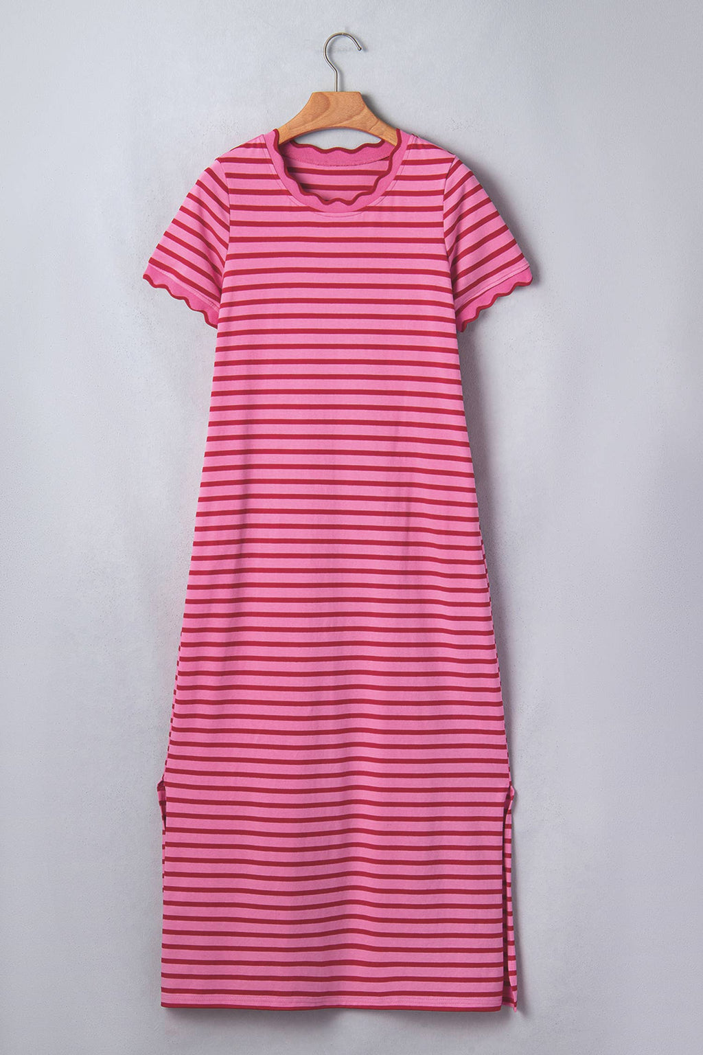 Striped Short Sleeve Scalloped Trim Side Slit Dress (S-XL)