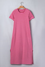 Striped Short Sleeve Scalloped Trim Side Slit Dress (S-XL)