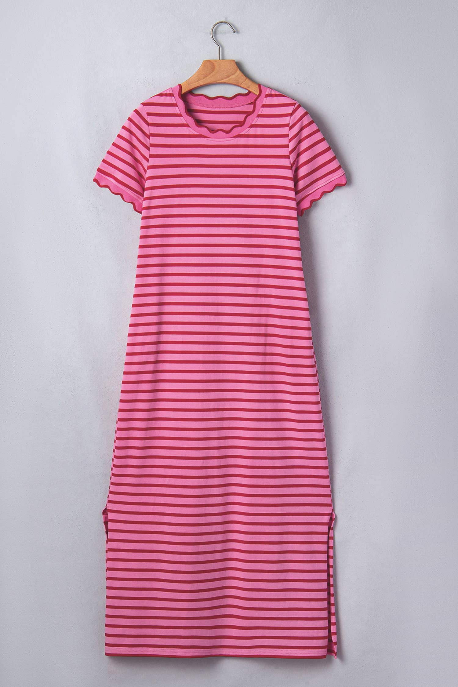 Striped Short Sleeve Scalloped Trim Side Slit Dress (S-XL)