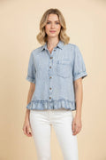 HT20338 Ruffle Hem Puff Sleeve Denim Button-Down Shirt