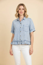 HT20338 Ruffle Hem Puff Sleeve Denim Button-Down Shirt