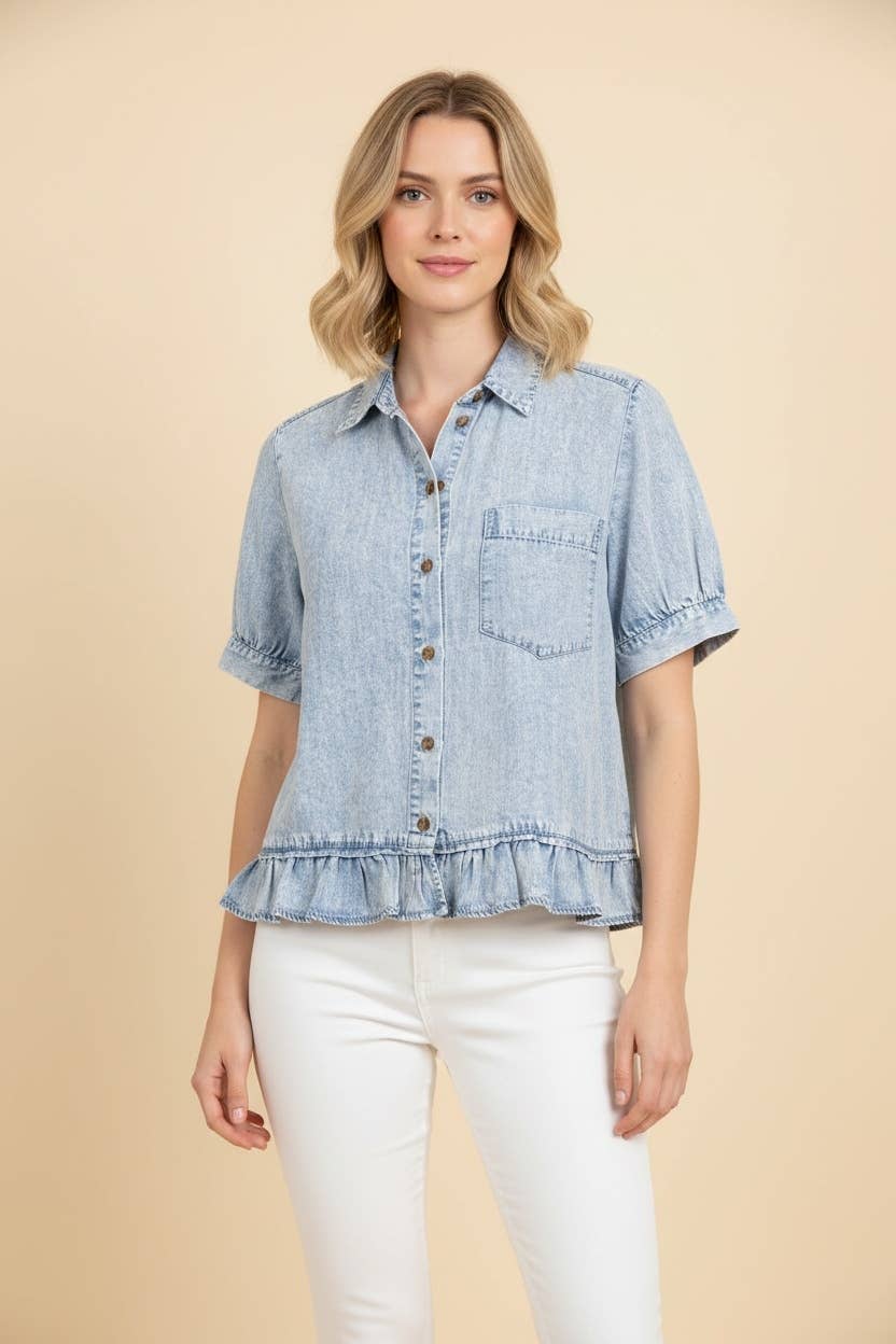 HT20338 Ruffle Hem Puff Sleeve Denim Button-Down Shirt