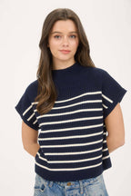 STRIPE MOCK NECK SHORT SLEEVE KNIT SWEATER