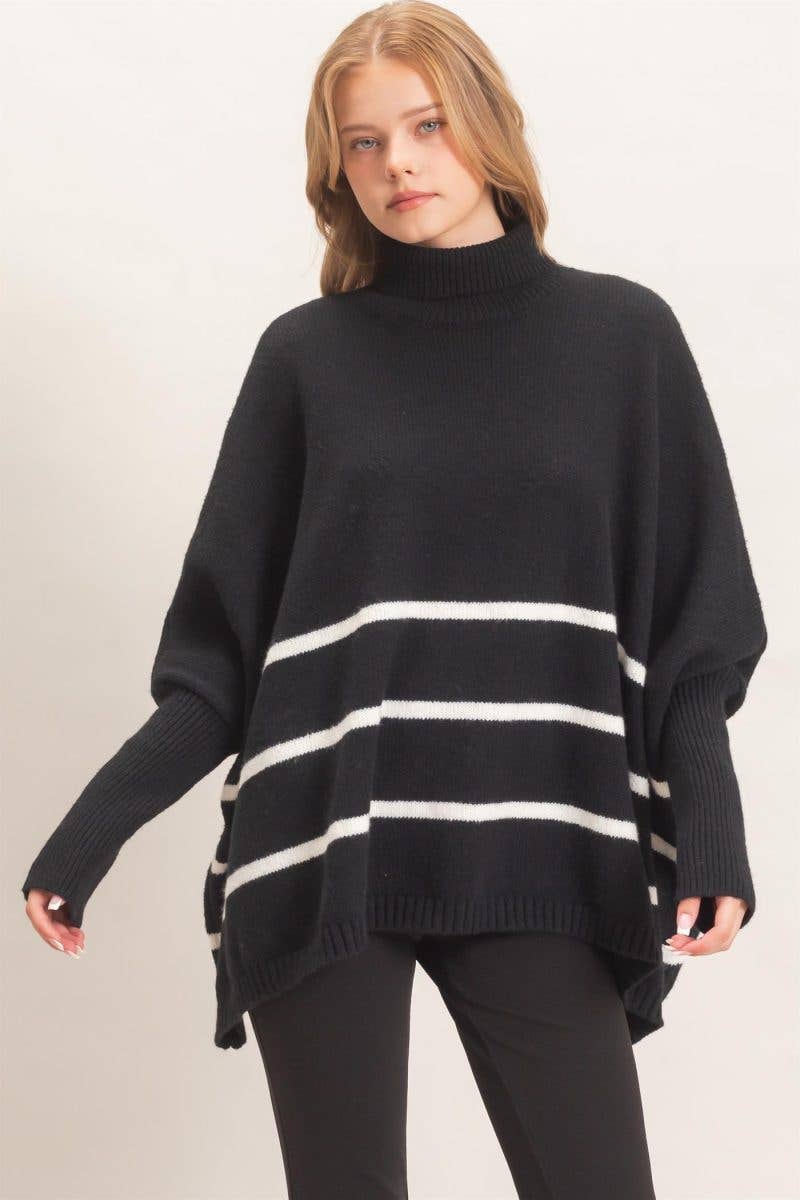 Striped Turtleneck Poncho Sweater