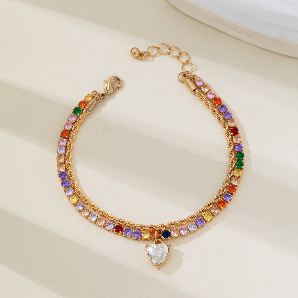 Multi-Color Crystal Heart Charm Tennis Bracelet | 80B1829