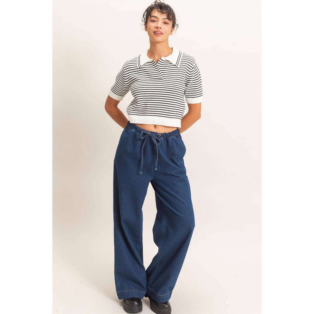 Striped Short Sleeve Collar Knit Top