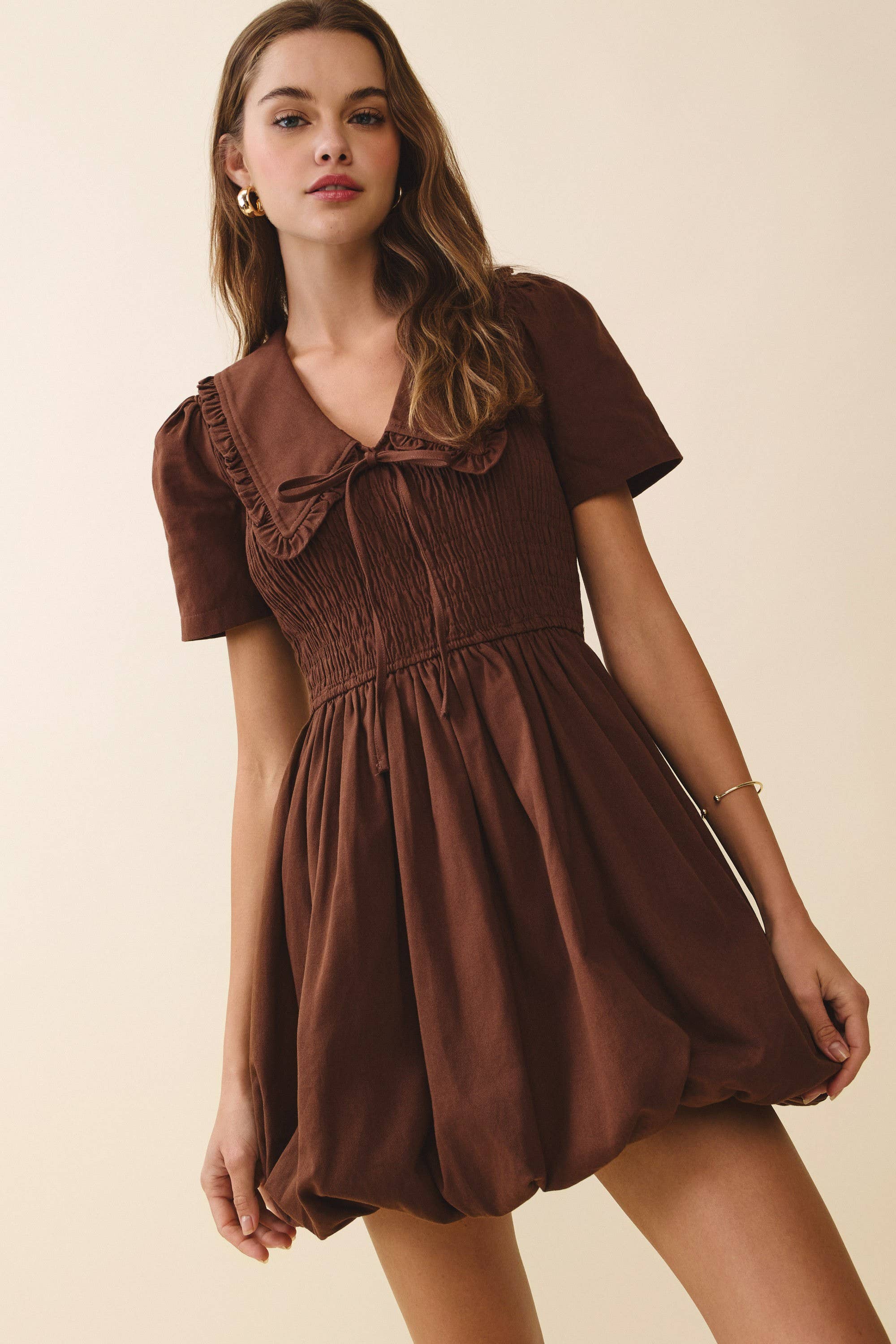 CD06412-Short Puff Sleeve Shirred Bodice Bubble Dress
