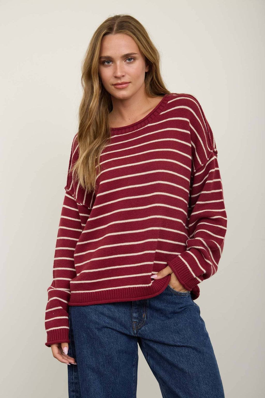 CREAM STRIPED DROP SHOULDER CREW NECK SWEATER