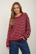 CREAM STRIPED DROP SHOULDER CREW NECK SWEATER