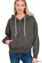 Acid Wash Fleece Cropped Zip-up Hoodie W Pockets