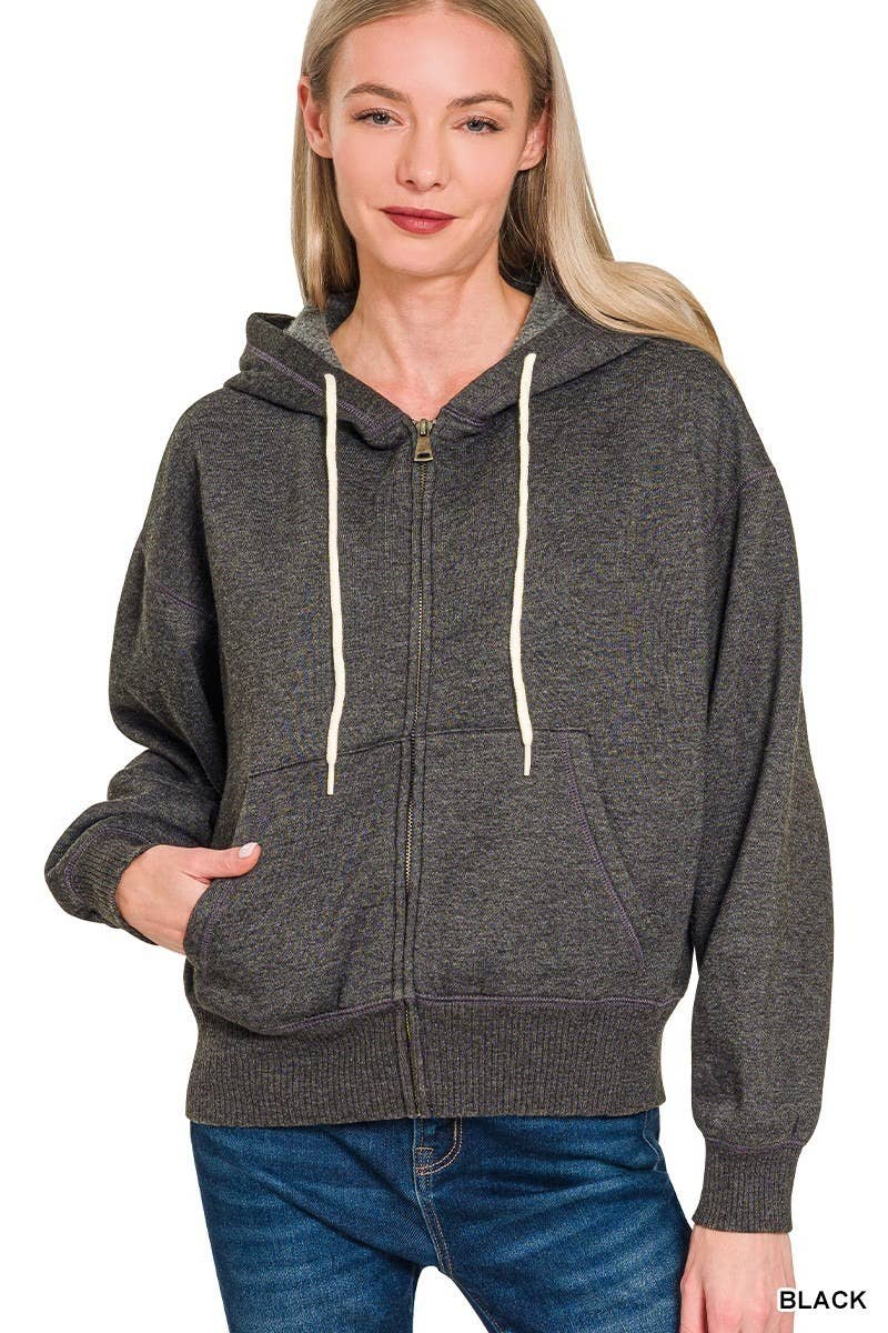 Acid Wash Fleece Cropped Zip-up Hoodie W Pockets