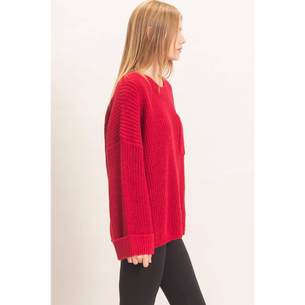 Ribbed Knit Patch Pocket Sweater