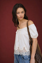 PINSTRIPE FRONT TIE LACE HEM SHORT PUFF SLEEVE TOP