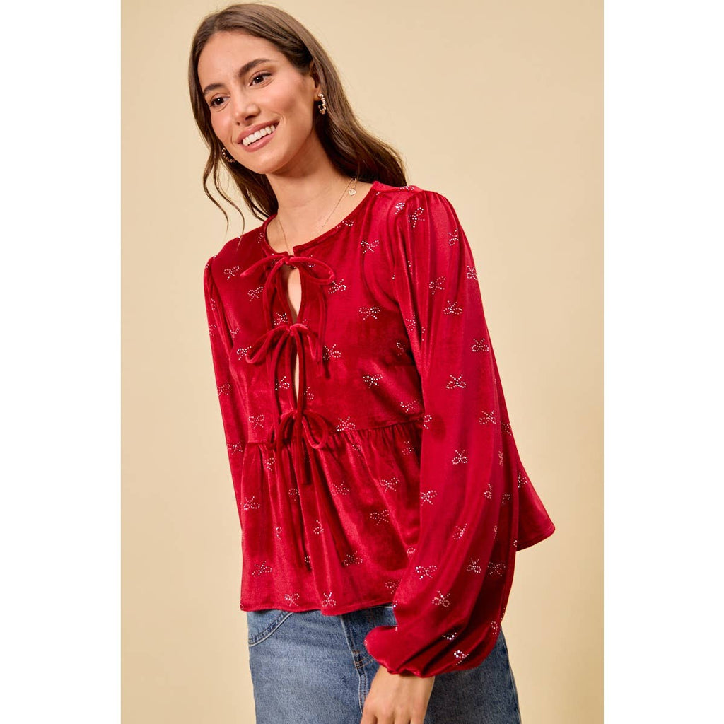 HOLIDAY CHRISTMAS RIBBON EMBELLISHED VELVET TOP