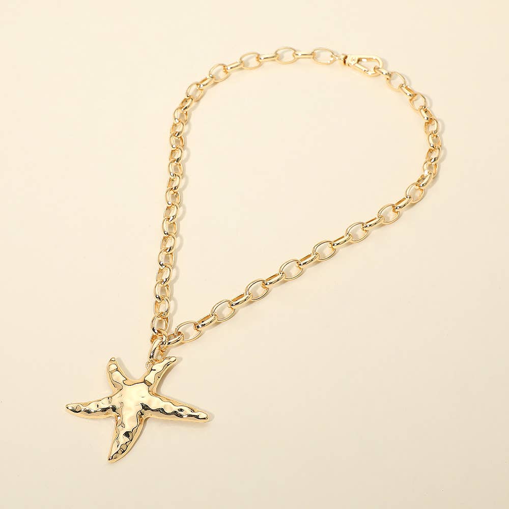 Hammered Metal Starfish Pendant Chunky Chain Necklace