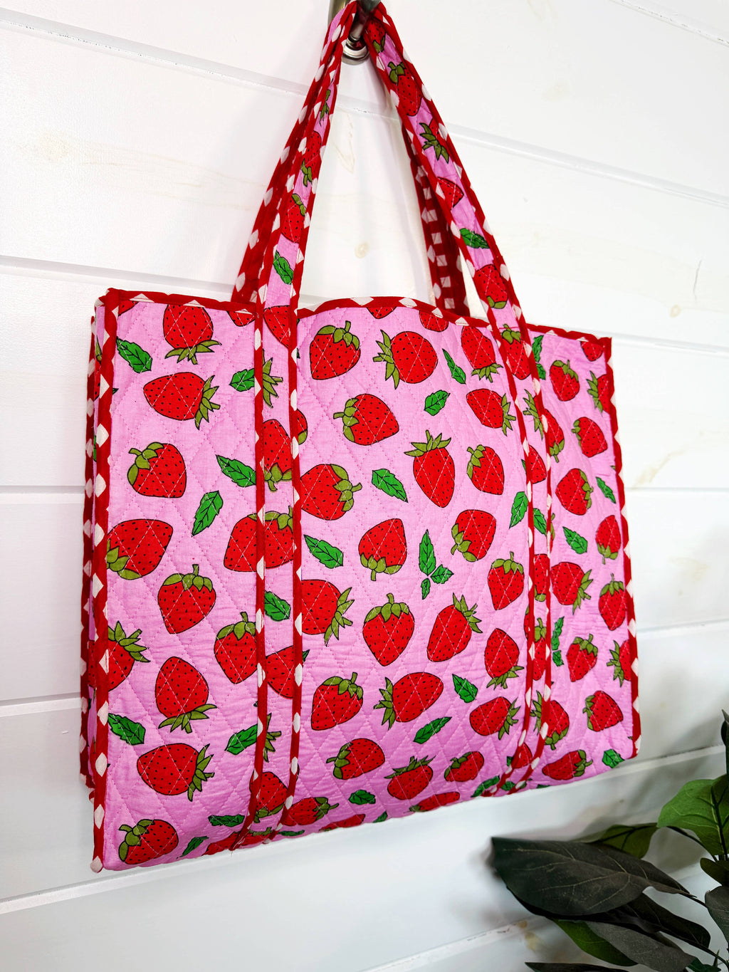Quilted Tote Bag | Pink Strawberry Bag | Large Shopping Tote