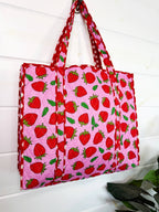 Quilted Tote Bag | Pink Strawberry Bag | Large Shopping Tote