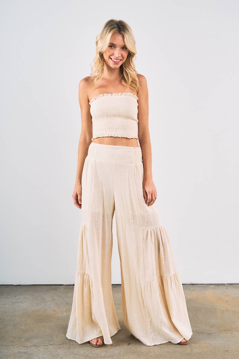 7953SET-Smocked Tube Crop Top with Wide Leg Pants Set