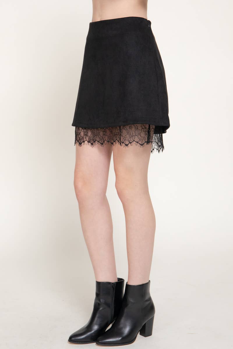 Faux Suede Lace Trim Mini Skirt