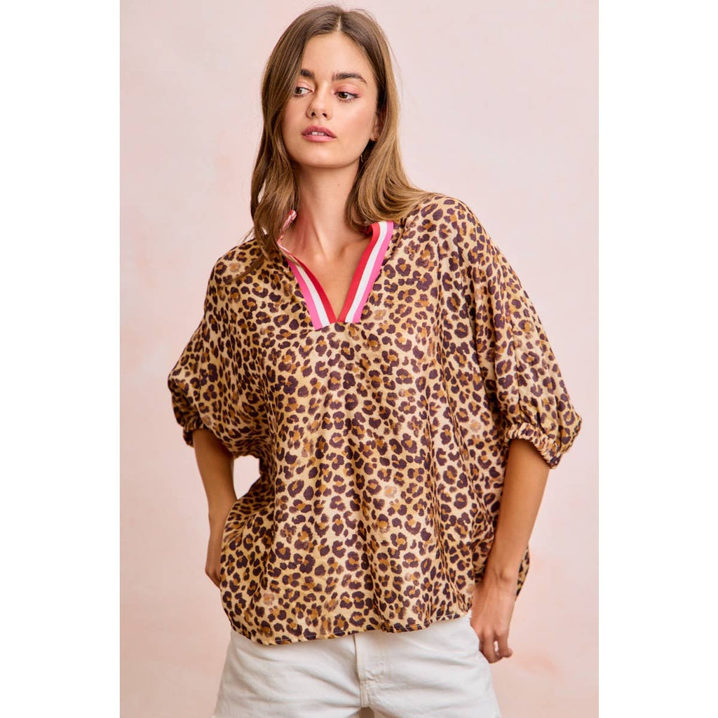 LEOPARD CONTRAST BANDED DOLMAN SLEEVES BLOUSE TOP