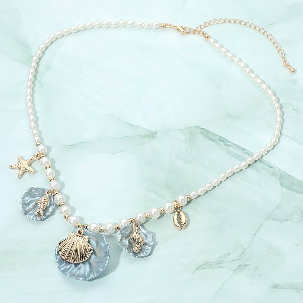 Ocean Inspired Seashell Starfish Charm Station Pearl Beaded Necklace