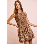 LEOPARD BOW TIE ATTACHABLE PUFF SLEEVES DRESS