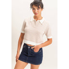 Striped Short Sleeve Collar Knit Top