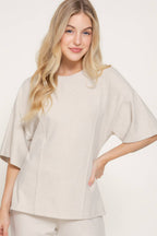 Elbow Sleeve Round Neck Brushed Knit Top with Flared Hem