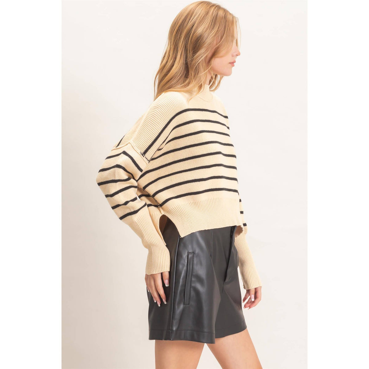 Striped Mock Neck Cropped Sweater