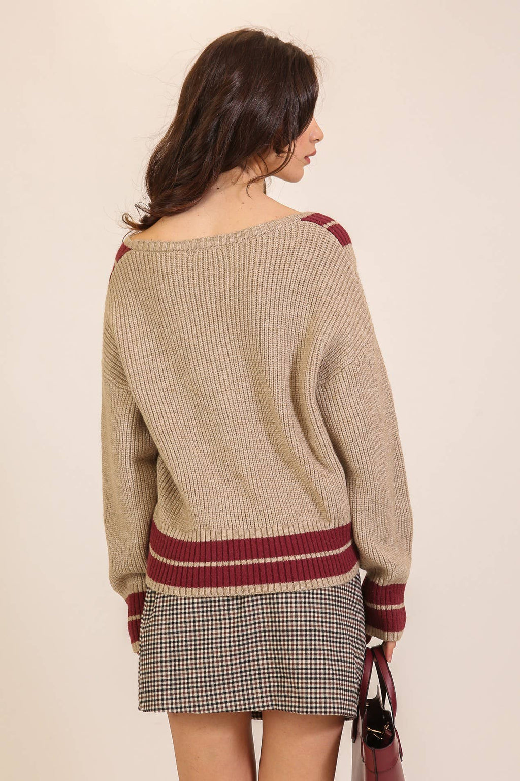 Contrast Trim V-neck Varsity Knit Sweater