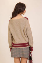 Contrast Trim V-neck Varsity Knit Sweater