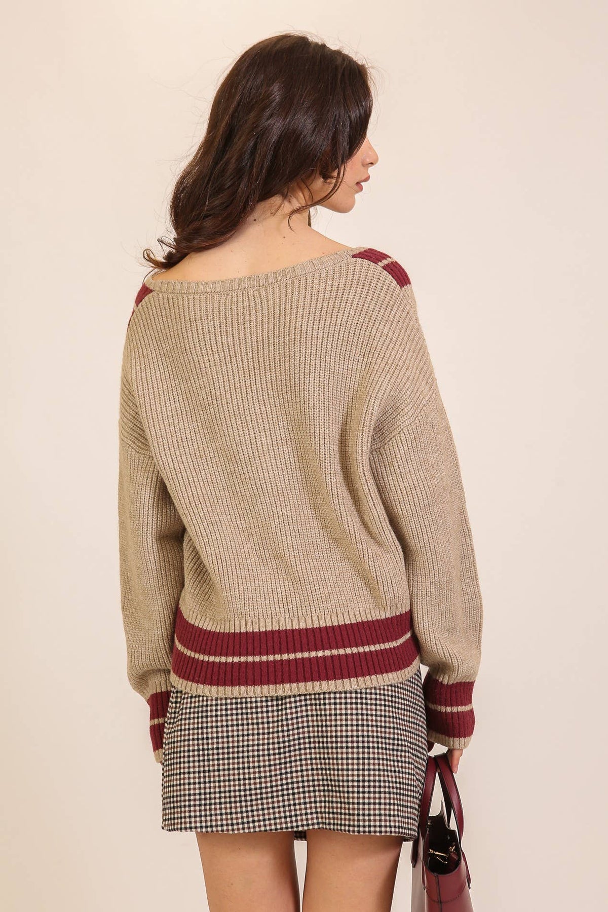 Contrast Trim V-neck Varsity Knit Sweater
