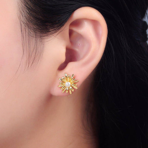 24K Gold Filled 15mm White Shell Pearl Sunflower Stud Earrings | P219