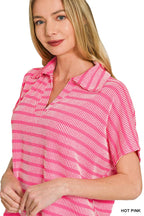 0424 Raised Rib Striped Collared Top SI-29768