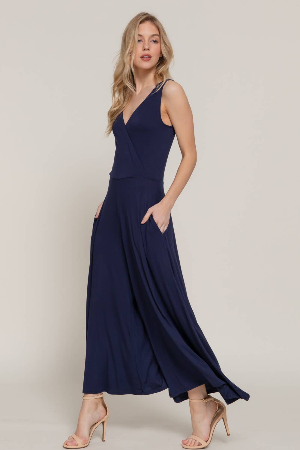 Sleeveless Double V-Neck Surplice Knit Jumpsuit