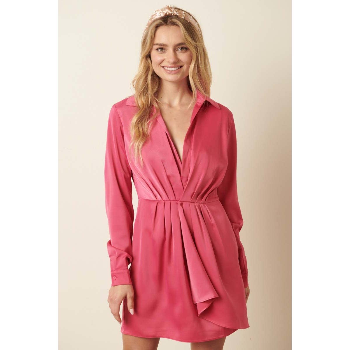 SATIN PLEAT DETAIL SHIRT DRESS